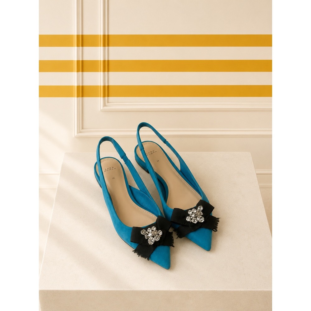 Zara blue Suede Pointed Slingback Flats with Bow & Crystal Accent